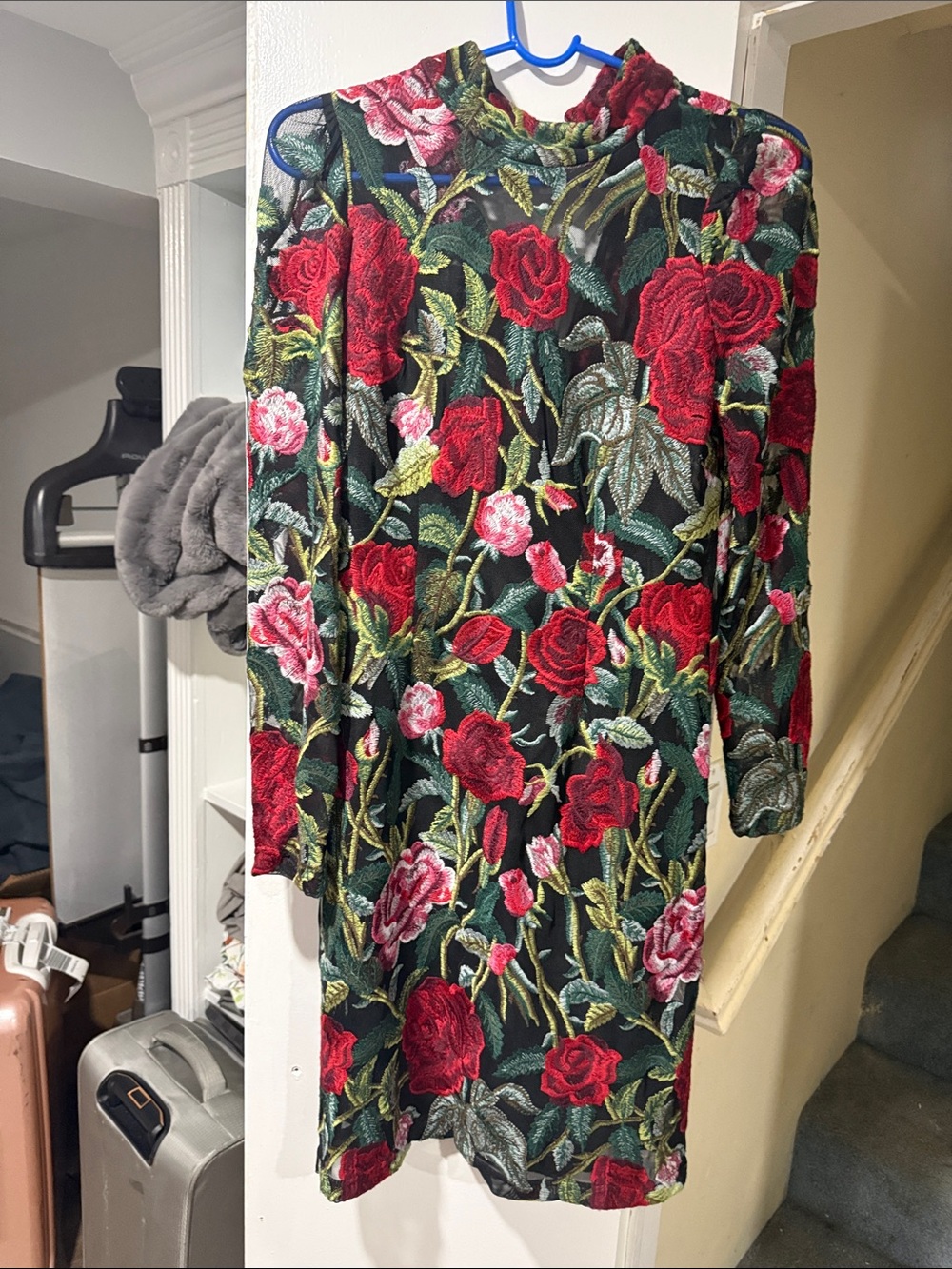 Boston Proper Black Floral Rose Long Sleeve Dress